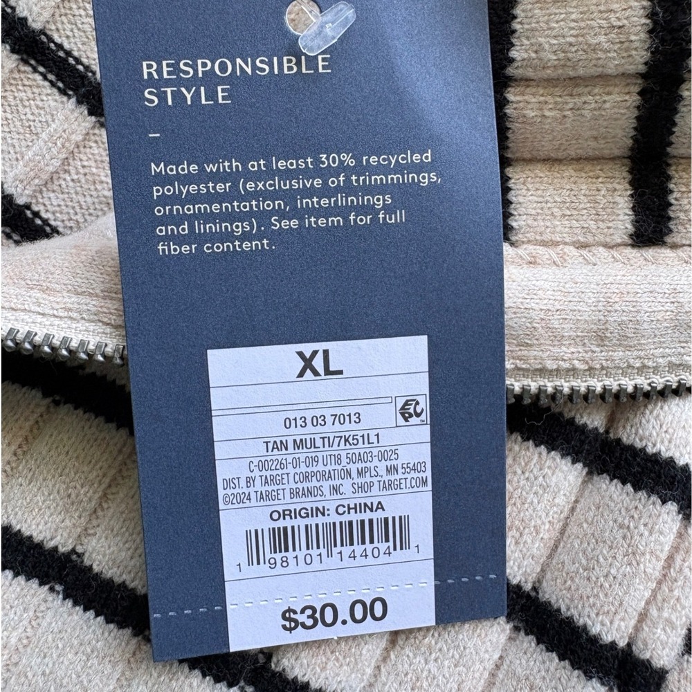 Universal Thread NWT Ivory & Black Striped Full Zip Sweater w/Wide Collar, XL - Picture 5 of 6